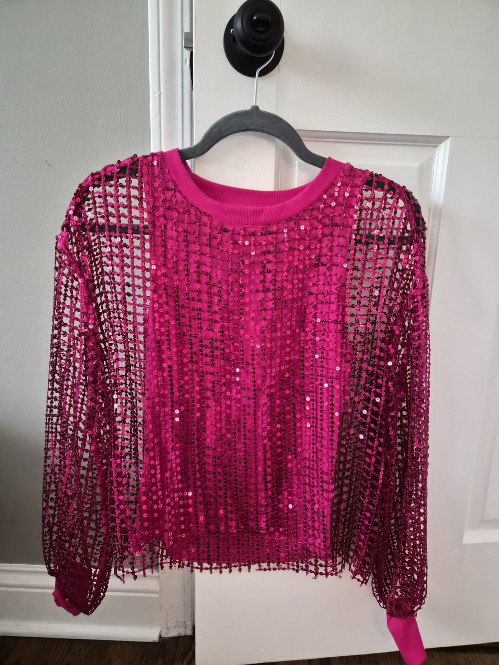 Pilcro Fuchsia Sequin Mesh Long-Sleeve Top